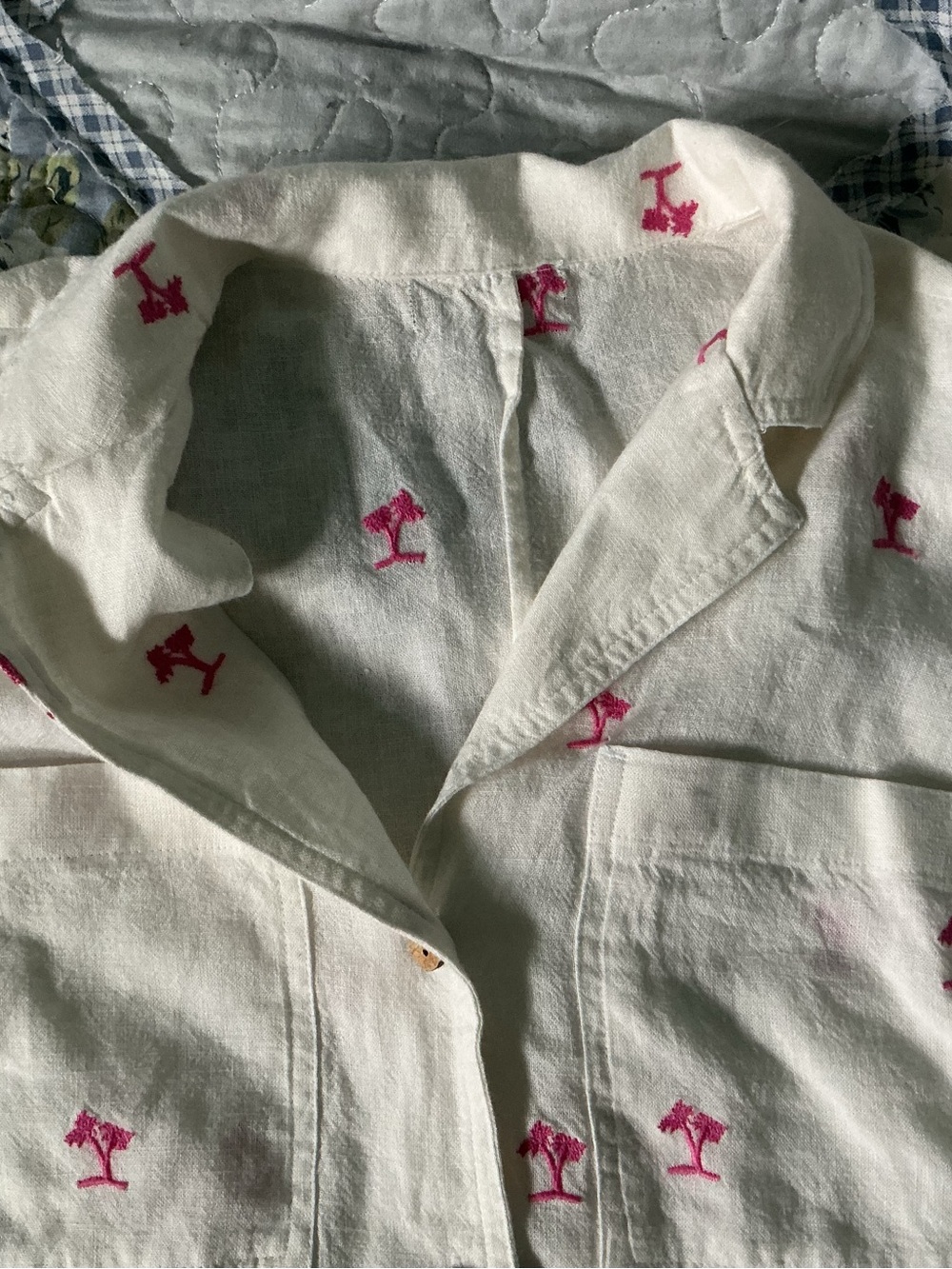 Embroidered Palm Tree Button-Front Shirt - White with Pink Palms - Picture 2 of 4